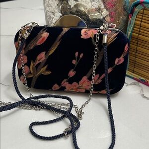 Nina Navy Floral Velvet Clutch with Silver Chain